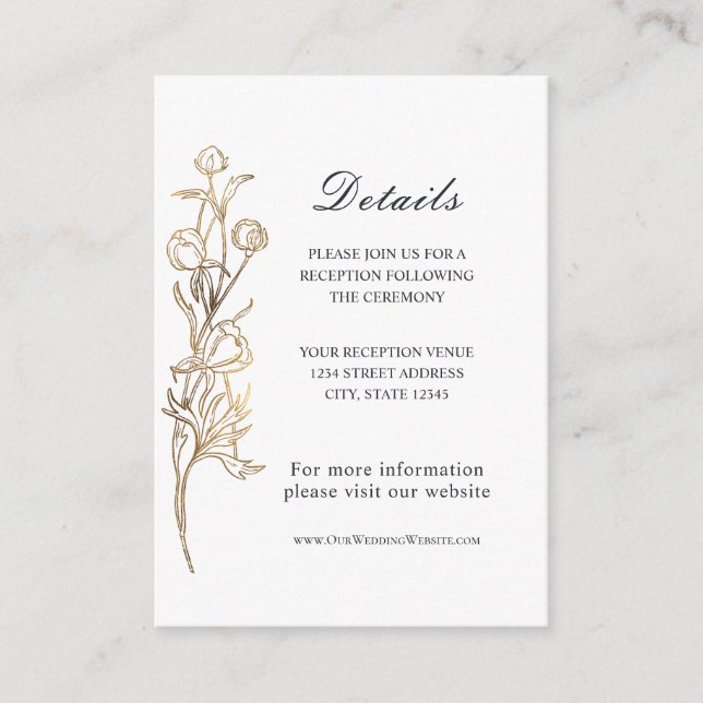 Gold Hand Drawn Delicate Flowers Wedding Enclosure Card (Front)