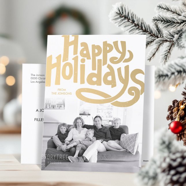 Gold Hand Lettered Happy Holidays Photo Postcard (Creator Uploaded)