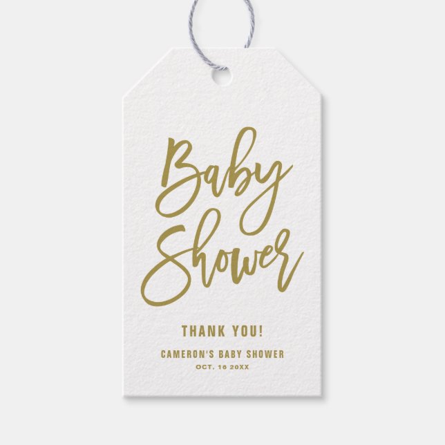 Gold Hand Lettered Script Baby Shower Gift Tag (Front)