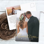 Gold Hand Lettered Script Photos Wedding Thank You Postcard<br><div class="desc">Elegant and simple wedding thank you template postcard featuring hand lettered typography script text with a heart between the words in faux gold print. Add your favourite photo full bleed in the front and another photo in the back with default message on the back that is editable.</div>