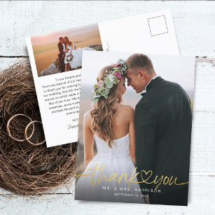 Gold Hand Lettered Script Photos Wedding Thank You Postcard