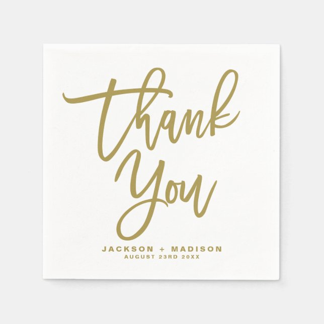 Gold Hand Lettered Script Thank You Wedding Napkin (Front)