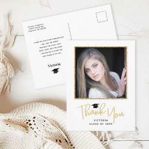 Gold Handwriting Photo Graduation Thank You Postcard