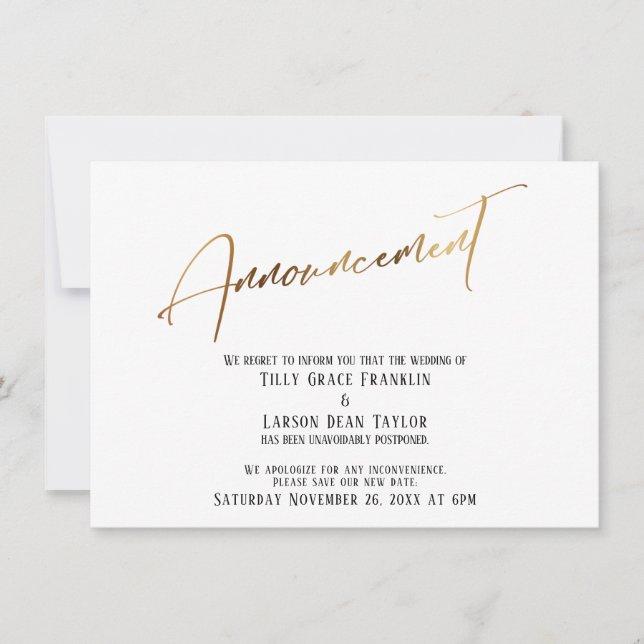 Gold Handwriting Postponed Wedding Announcement (Front)