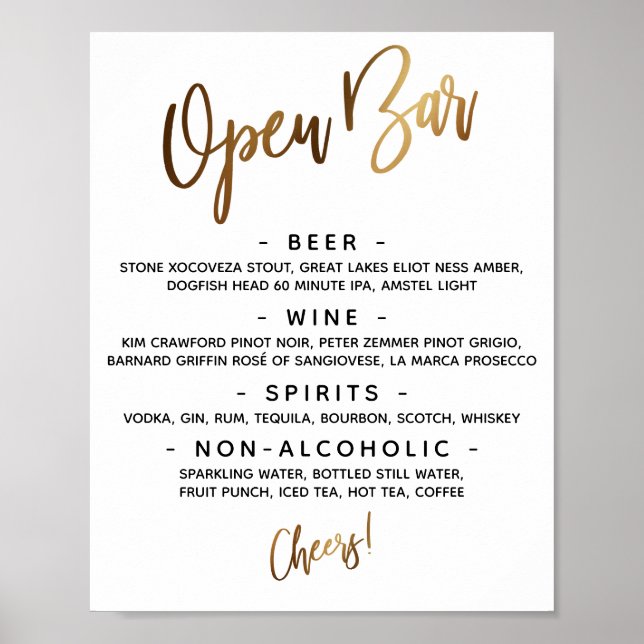 Gold Handwriting Typography Open Bar Menu Sign (Front)