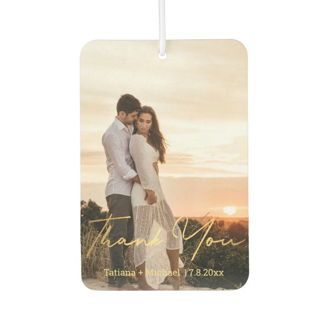 gold handwriting wedding 2 photos thank you car air freshener (Front)