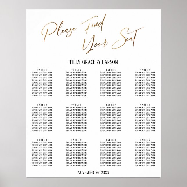 Gold Handwriting Wedding Reception Seating Chart (Front)