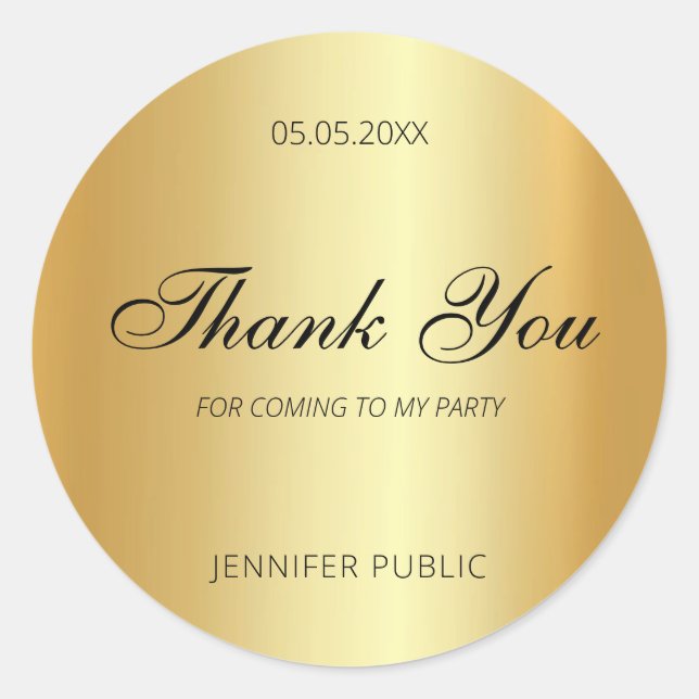 Gold Handwritten Script Template Thank You Glamour Classic Round Sticker (Front)