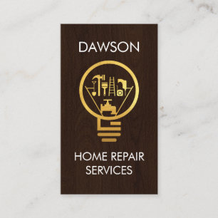 Gold Handyman Bulb On Wood Business Card