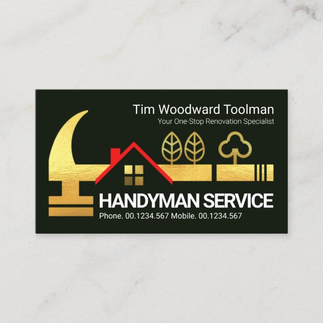 Gold Handyman Hammer Rooftop Business Card (Front)