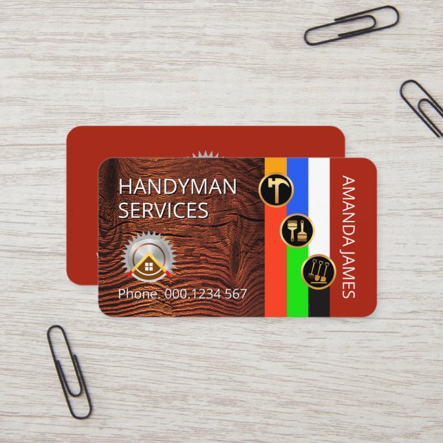 Gold Handyman Icons On Stripes Timber Business Card (Front/Back In Situ)