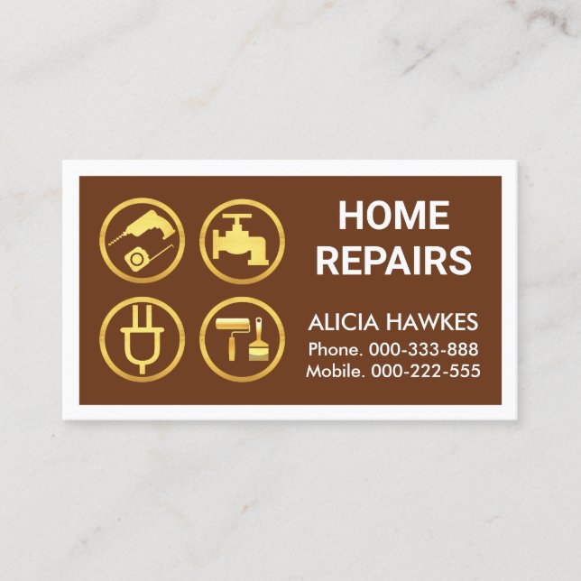 Gold Handyman Tools Brown Frame Business Card (Front)
