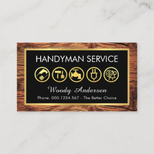 Gold Handyman Tools Frame On Wood Business Card