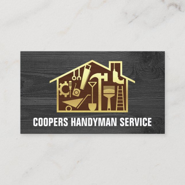 Gold Handyman Tools Home On Wood Business Card (Front)