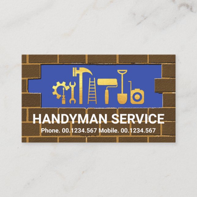 Gold Handyman Tools In Brick Wall Masonry Business Card (Front)
