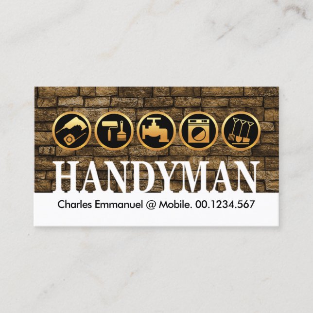 Gold Handyman Tools On Brick Wall Business Card (Front)