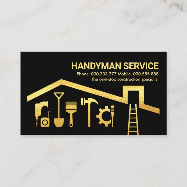 Gold Handyman Tools On Rooftop Business Card (Front)