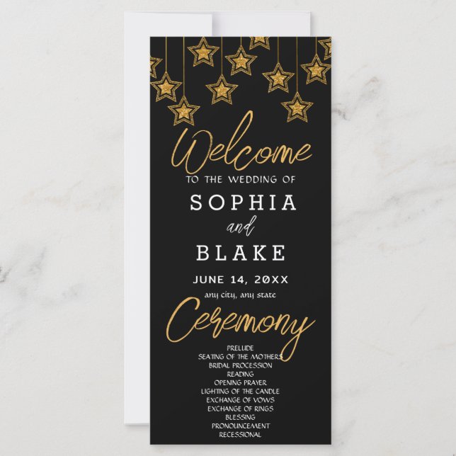 Gold Hanging Stars Black Wedding Program (Front)