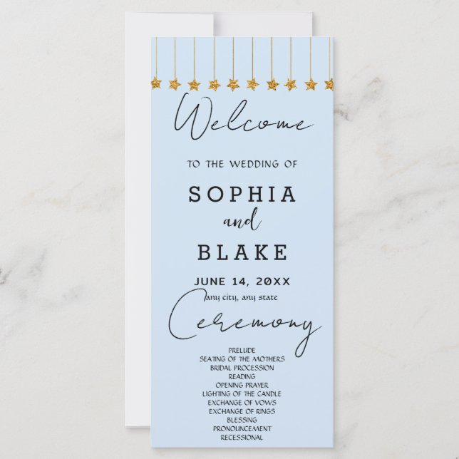 Gold Hanging Stars Light Blue Wedding Program (Front)