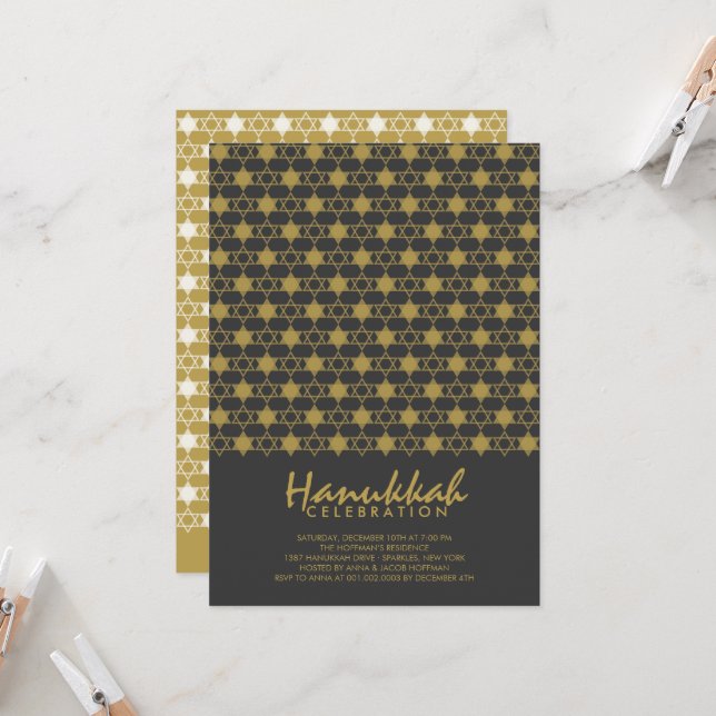 Gold Hanukkah Stars Of David Pattern Holiday Party Invitation (Front/Back In Situ)