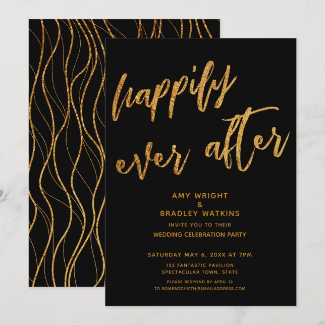 Gold Happily Ever After Black Wedding Reception Invitation (Front/Back)