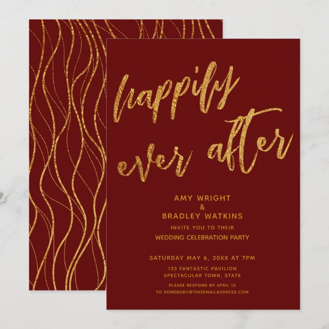 Gold Happily Ever After Burgundy Wedding Reception Invitation (Front/Back)