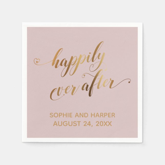 Gold Happily Ever After, Hearts Script Dusty Rose Napkin (Front)
