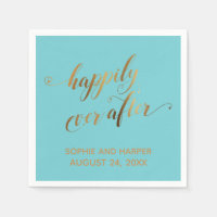 Gold Happily Ever After Hearts Script on Turquoise