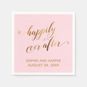 Gold Happily Ever After, Hearts Script Pastel Pink Napkin