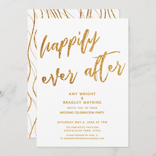 Gold Happily Ever After White Wedding Reception Invitation (Front/Back)