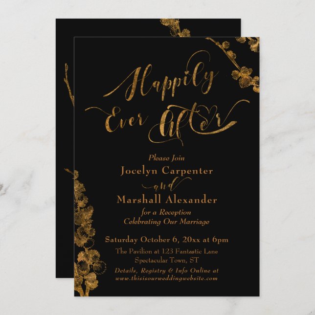 Gold Happily Ever After with Botanicals on Black Invitation (Front/Back)
