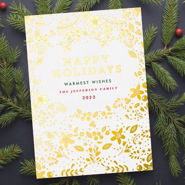 Gold Happy Holiday Florals Foil Holiday Card (Creator Uploaded)