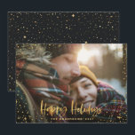 Gold happy holidays 1 photo modern black Christmas Holiday Card<br><div class="desc">Gold happy holidays stars 1 photo modern holiday Christmas card. With a script text and gold effect design,  black back ground color can be change to suit your style.</div>