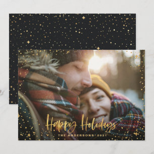 Gold happy holidays 1 photo modern black Christmas Holiday Card