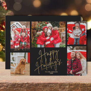 Gold Happy Holidays Five Photos Black Holiday Card
