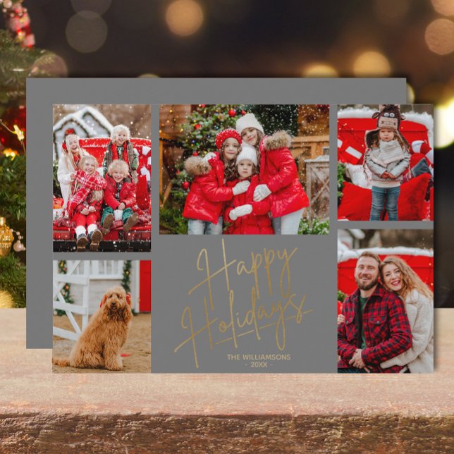 Gold Happy Holidays Five Photos Grey Holiday Card (Gold script Happy Holidays five photos silver grey flat holiday greeting cards)