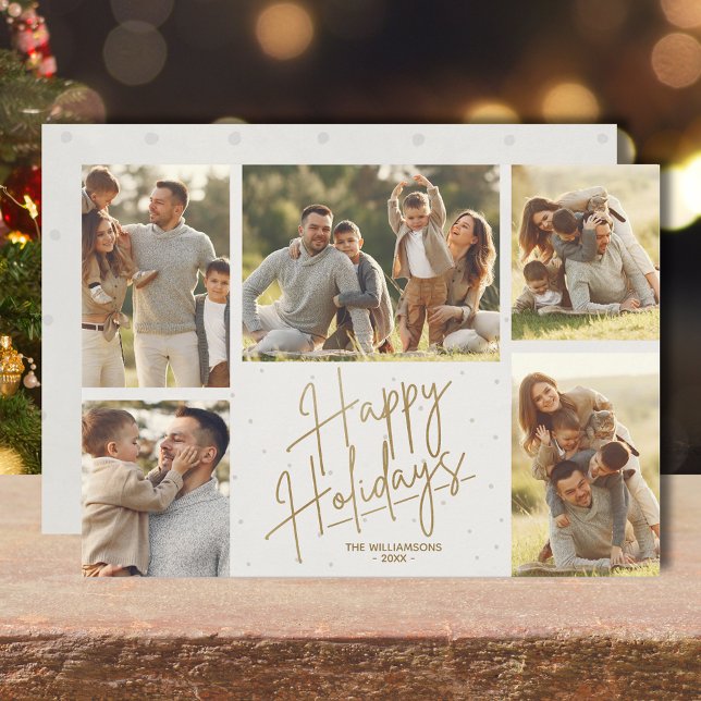 Gold Happy Holidays Five Photos Holiday Card (Gold Happy Holidays five photos on off-white flat greeting cards)