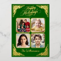 Gold Happy Holidays, four pictures, green, names