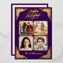Gold Happy Holidays, four pictures, purple, names