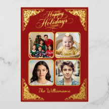 Gold Happy Holidays, four pictures, red, names