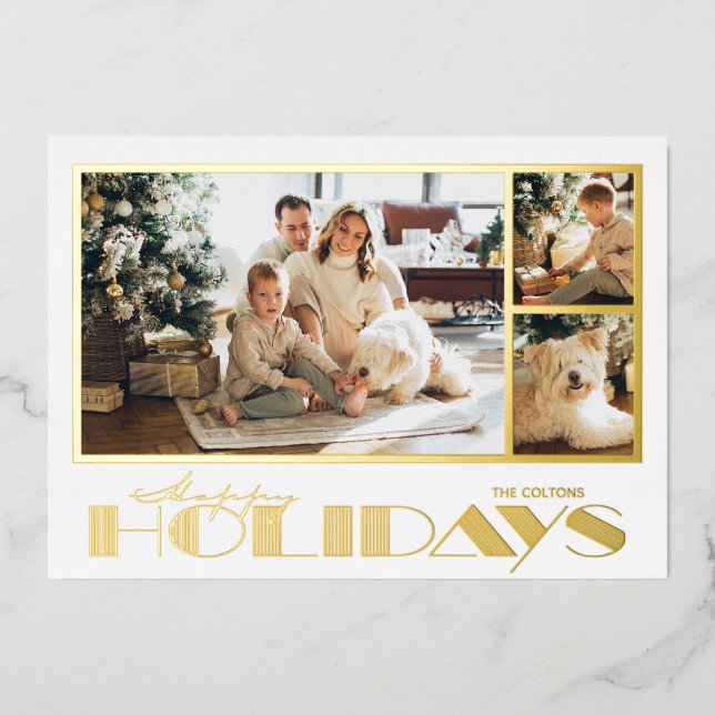Gold Happy Holidays Multi Photos Foil Holiday Card (Front)