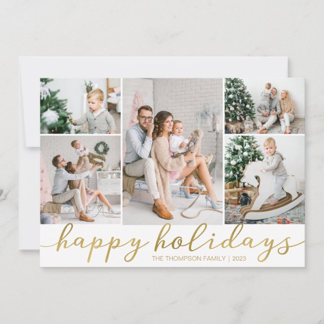 Gold Happy Holidays Photo ChristCard Five Pictures Holiday Card (Front)