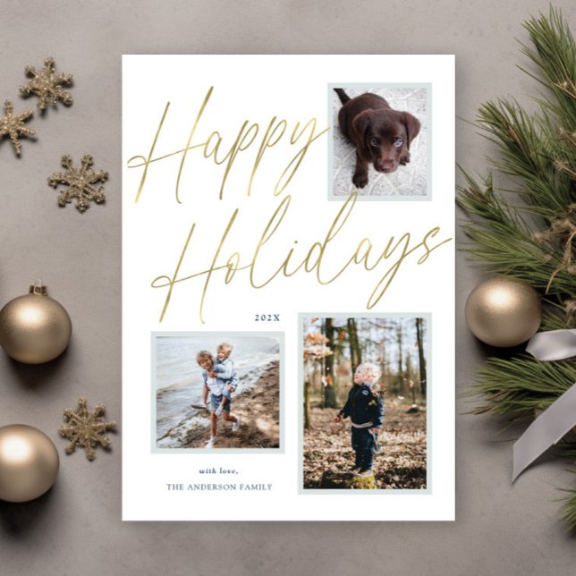 Gold Happy Holidays Script 3 Photo Holiday Card (Creator Uploaded)
