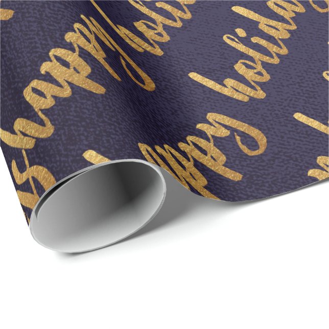 Gold Happy Holidays Script Deep Blue Navy Wrapping Paper (Roll Corner)