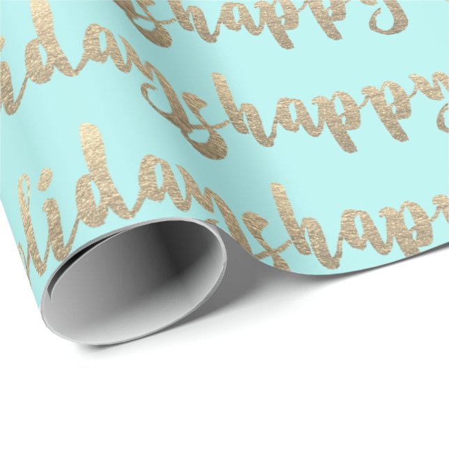 Gold Happy Holidays Script Pastel Mint Tiffany Wrapping Paper (Roll Corner)