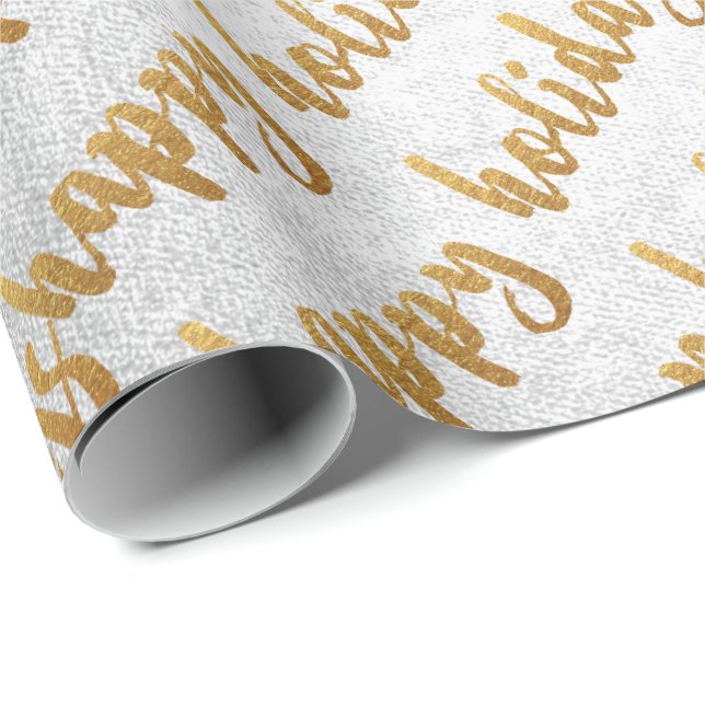 Gold Happy Holidays Script Silver Gray White Wrapping Paper (Roll Corner)
