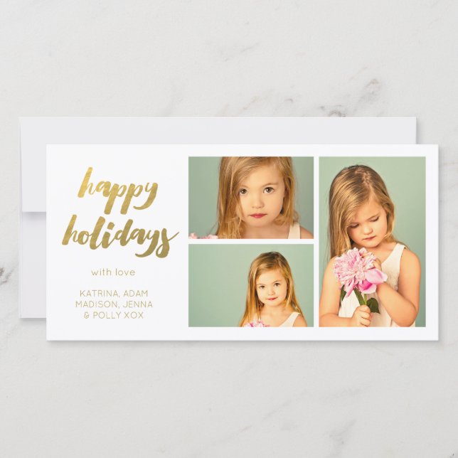 Gold Happy Holidays White 3 Frame Photocard Holiday Card (Front)