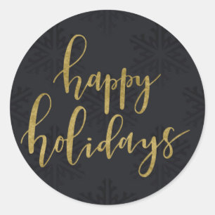 Gold HAPPY HOLIDAYS Winter Black Snowflakes Classic Round Sticker