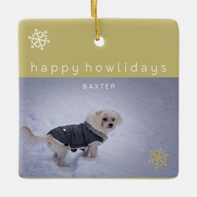 Gold Happy Howlidays Add Your Photo Pet Ornament (Front)