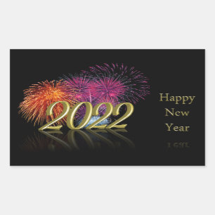 Gold Happy New Year 2022 Fireworks Rectangular Sticker